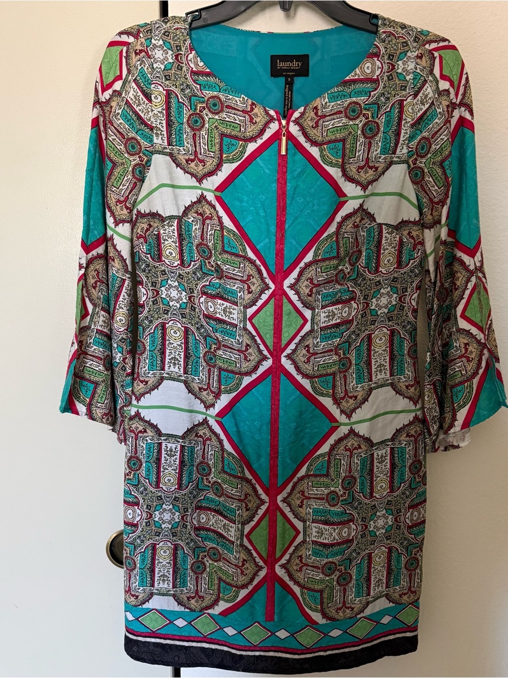 Laundry By Shelli Segal Teal Multicolor Printed Zip-Front Tunic Dress Size 0